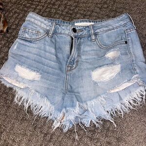 High-Waisted Blue Jean Shorts with Distressed Frayed Hem